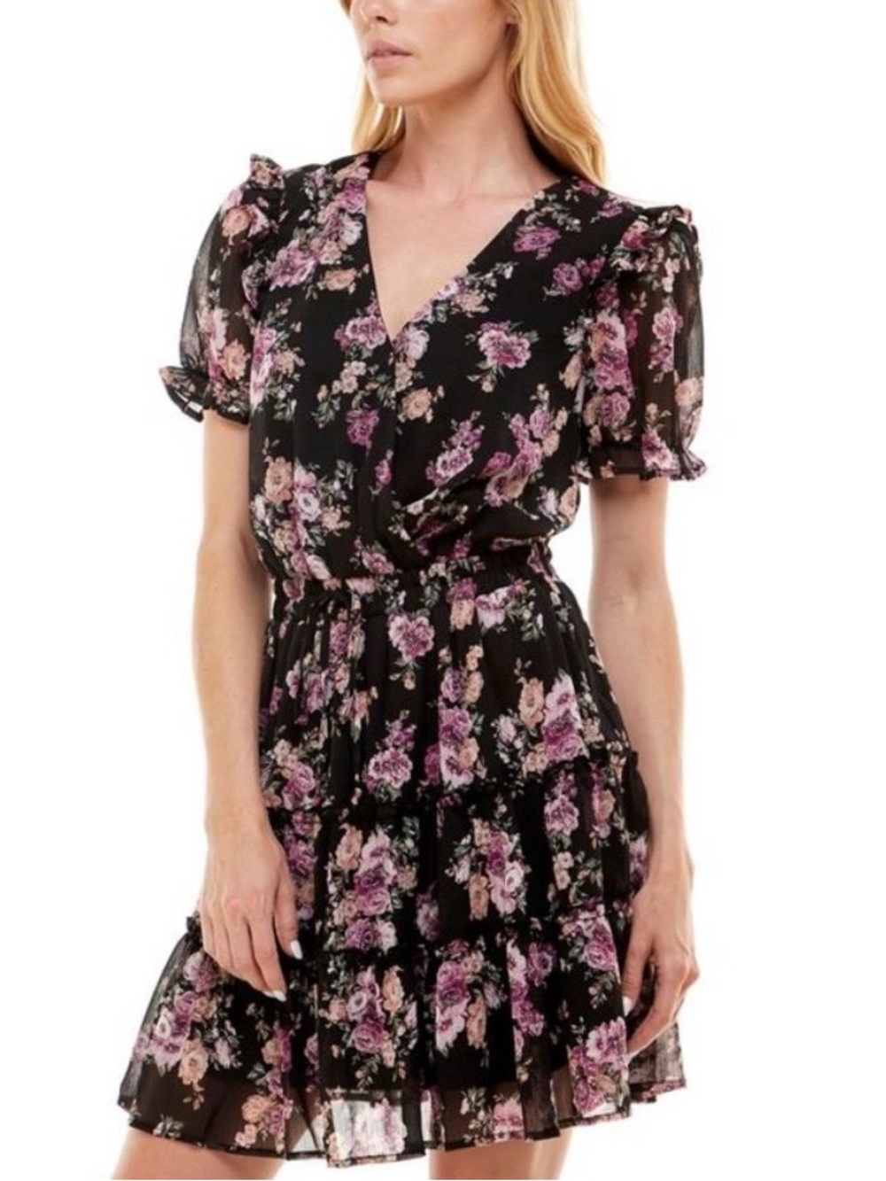 Francesca’s Trixxi black floral puff sleeve tiered ruffle dress Cottagecore NWT